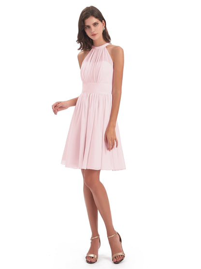 Tegan Knee Length Halter Chiffon Bridesmaid Dresses