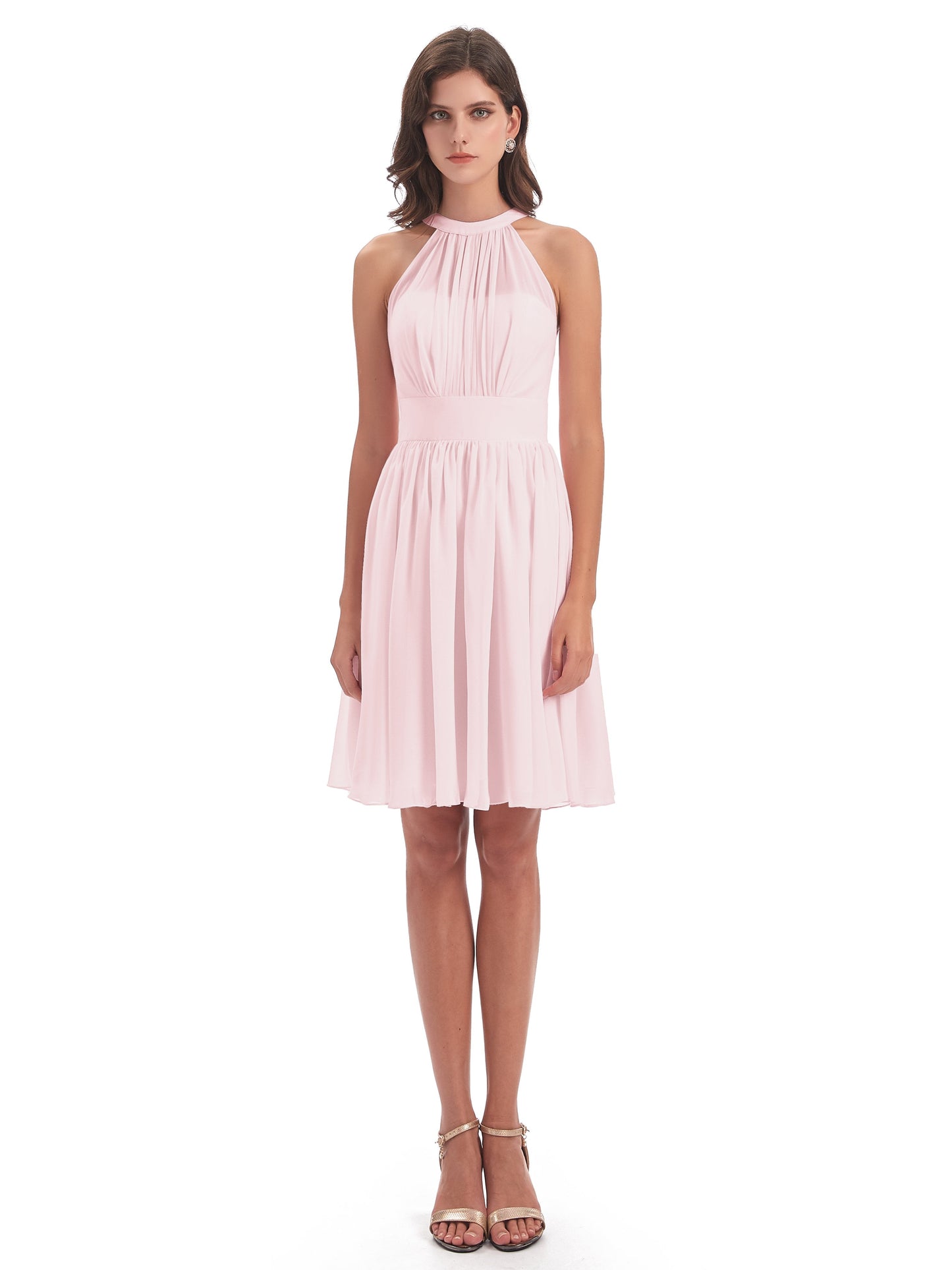 Tegan Knee Length Halter Chiffon Bridesmaid Dresses
