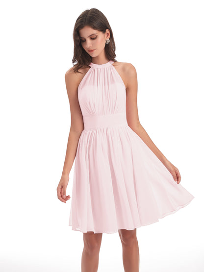 Tegan Knee Length Halter Chiffon Bridesmaid Dresses
