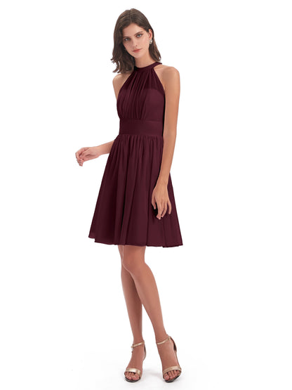 Tegan Knee Length Halter Chiffon Bridesmaid Dresses