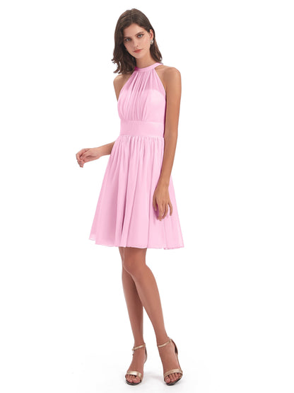 Tegan Knee Length Halter Chiffon Bridesmaid Dresses