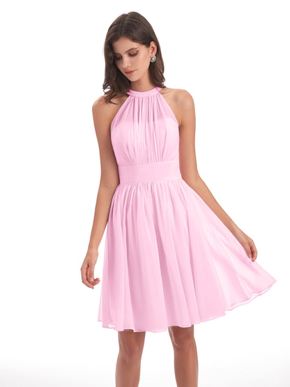Tegan Knee Length Halter Chiffon Bridesmaid Dresses