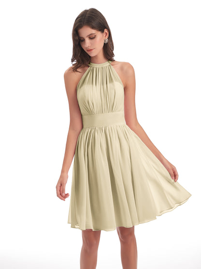 Tegan Knee Length Halter Chiffon Bridesmaid Dresses