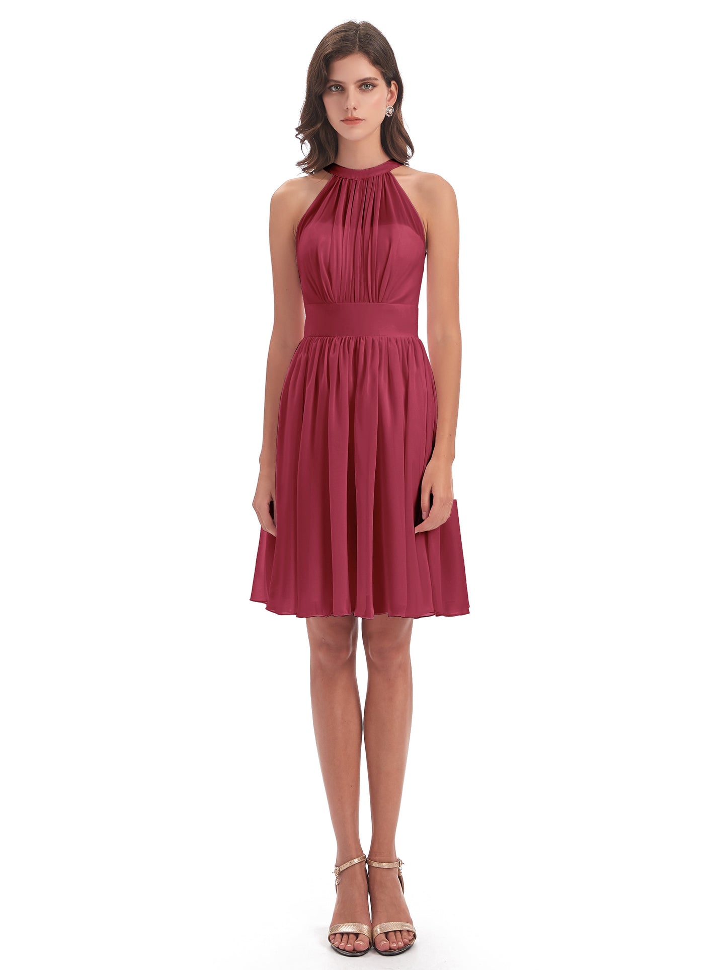 Tegan Knee Length Halter Chiffon Bridesmaid Dresses