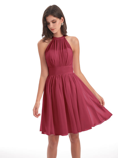 Tegan Knee Length Halter Chiffon Bridesmaid Dresses