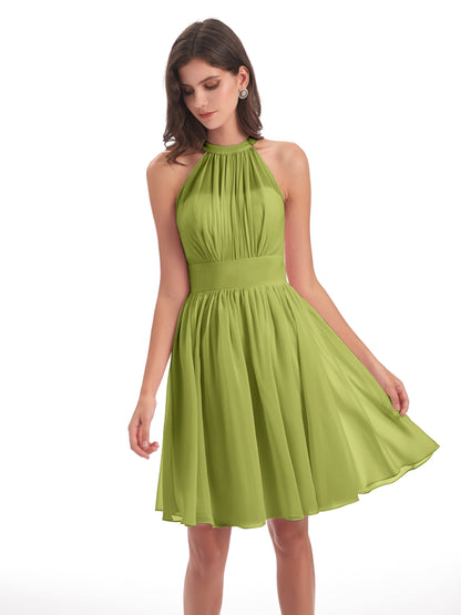 Tegan Knee Length Halter Chiffon Bridesmaid Dresses