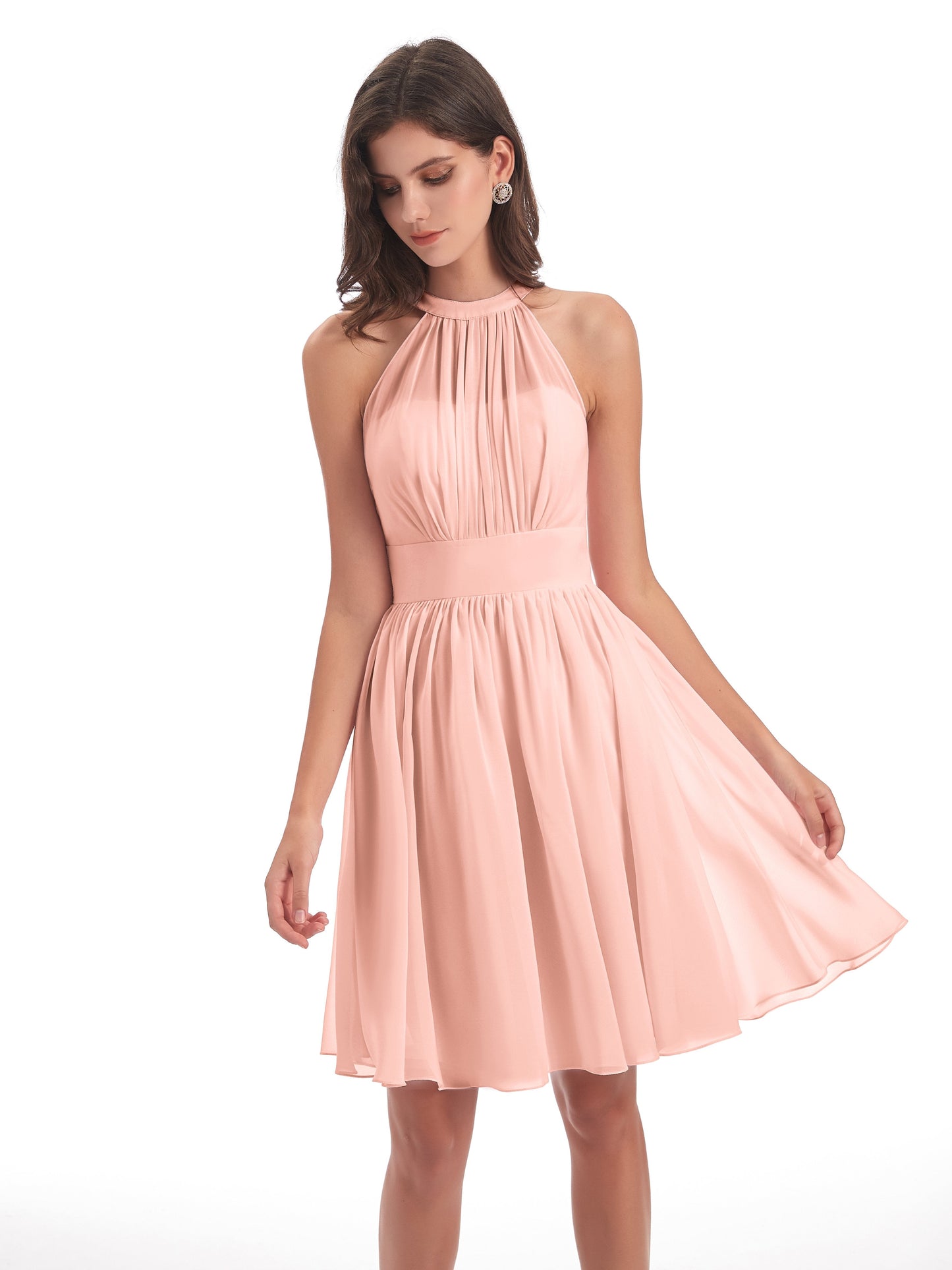 Tegan Knee Length Halter Chiffon Bridesmaid Dresses