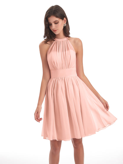 Tegan Knee Length Halter Chiffon Bridesmaid Dresses
