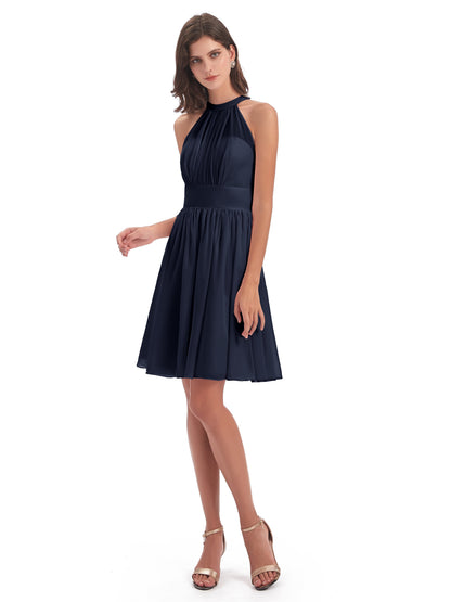 Tegan Knee Length Halter Chiffon Bridesmaid Dresses