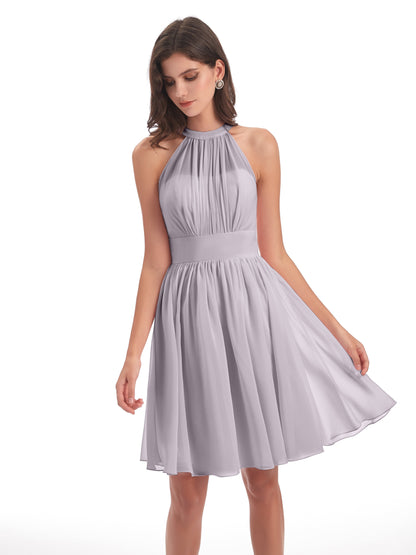 Tegan Knee Length Halter Chiffon Bridesmaid Dresses
