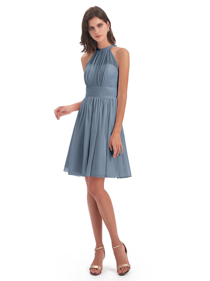 Tegan Knee Length Halter Chiffon Bridesmaid Dresses