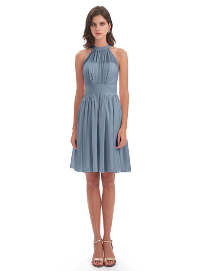 Tegan Knee Length Halter Chiffon Bridesmaid Dresses