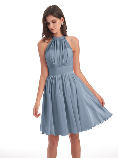 Tegan Knee Length Halter Chiffon Bridesmaid Dresses