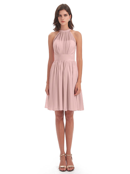 Tegan Knee Length Halter Chiffon Bridesmaid Dresses