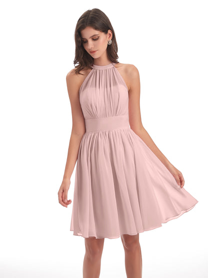 Tegan Knee Length Halter Chiffon Bridesmaid Dresses