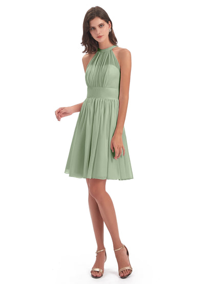 Tegan Knee Length Halter Chiffon Bridesmaid Dresses