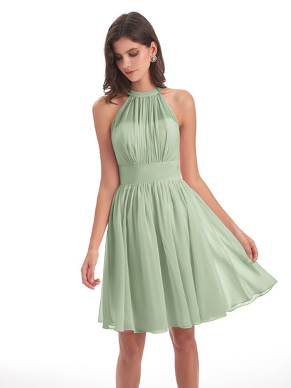 Tegan Knee Length Halter Chiffon Bridesmaid Dresses