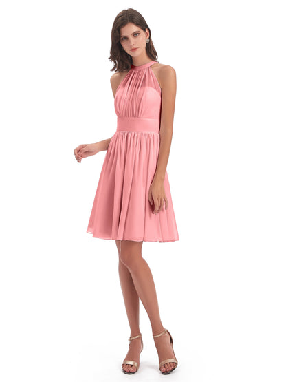 Tegan Knee Length Halter Chiffon Bridesmaid Dresses