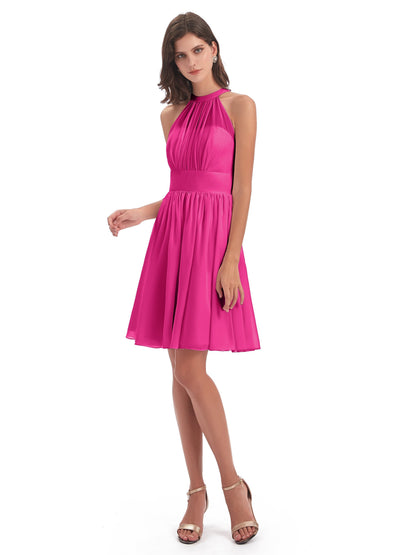 Tegan Knee Length Halter Chiffon Bridesmaid Dresses