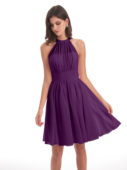 Tegan Knee Length Halter Chiffon Bridesmaid Dresses