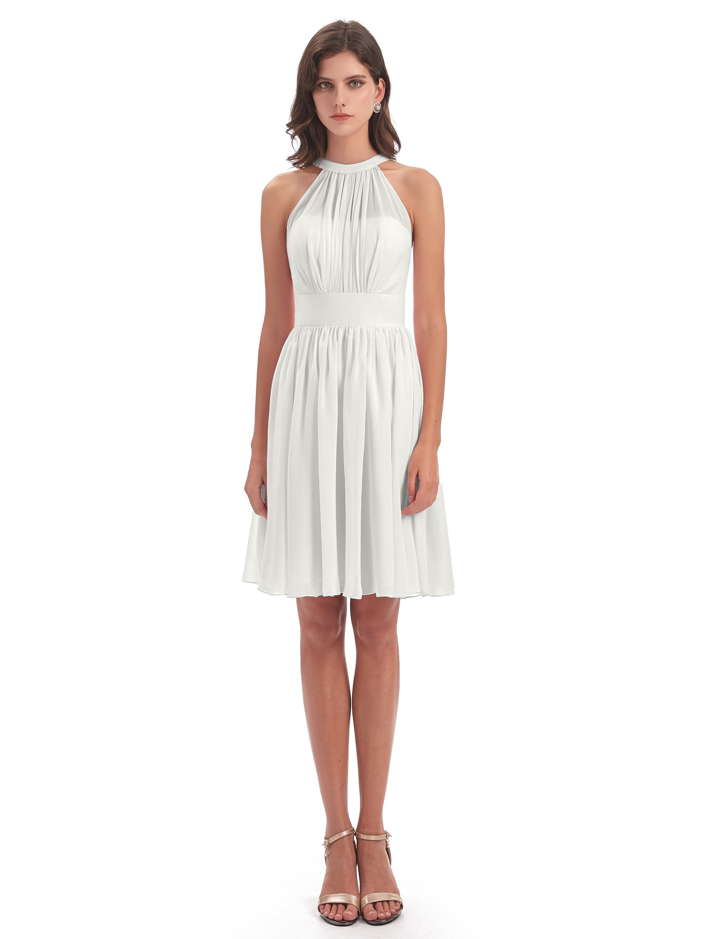 Tegan Knee Length Halter Chiffon Bridesmaid Dresses