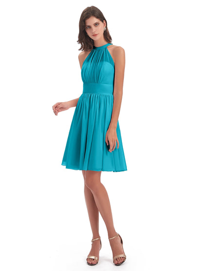 Tegan Knee Length Halter Chiffon Bridesmaid Dresses