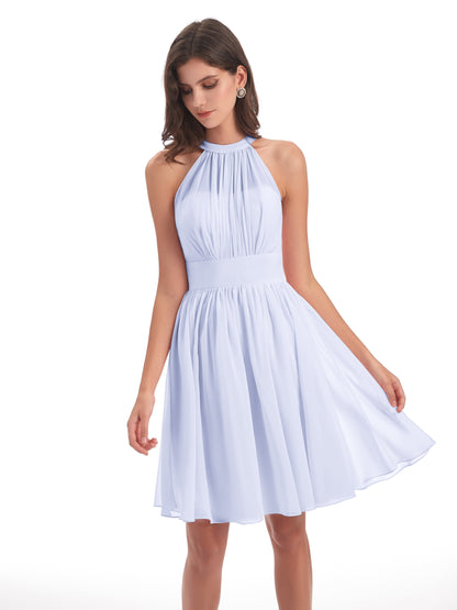Tegan Knee Length Halter Chiffon Bridesmaid Dresses