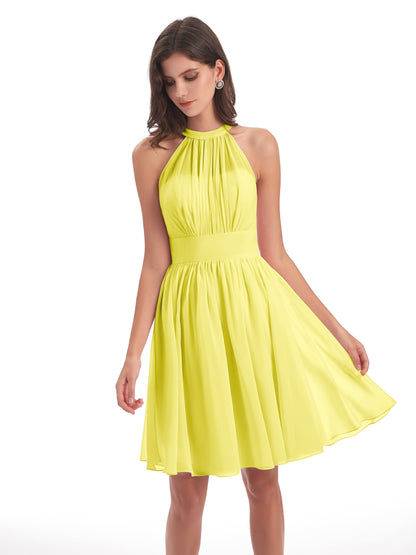 Tegan Knee Length Halter Chiffon Bridesmaid Dresses