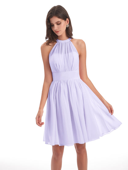 Tegan Knee Length Halter Chiffon Bridesmaid Dresses