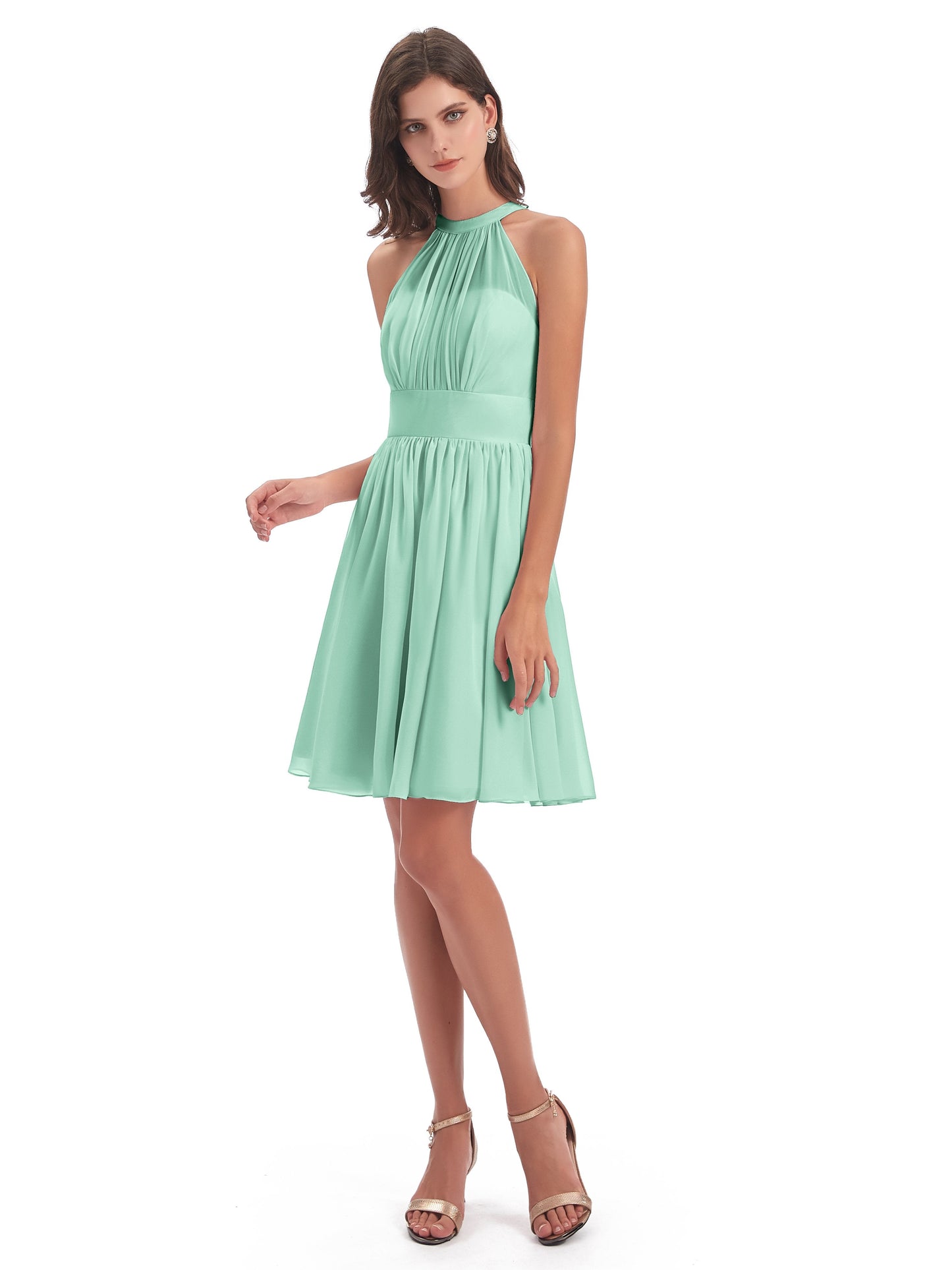 Tegan Knee Length Halter Chiffon Bridesmaid Dresses