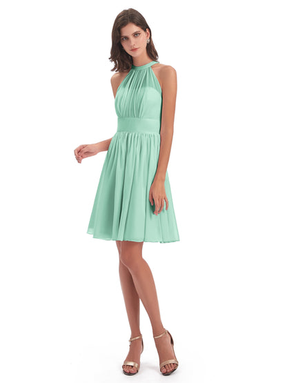 Tegan Knee Length Halter Chiffon Bridesmaid Dresses