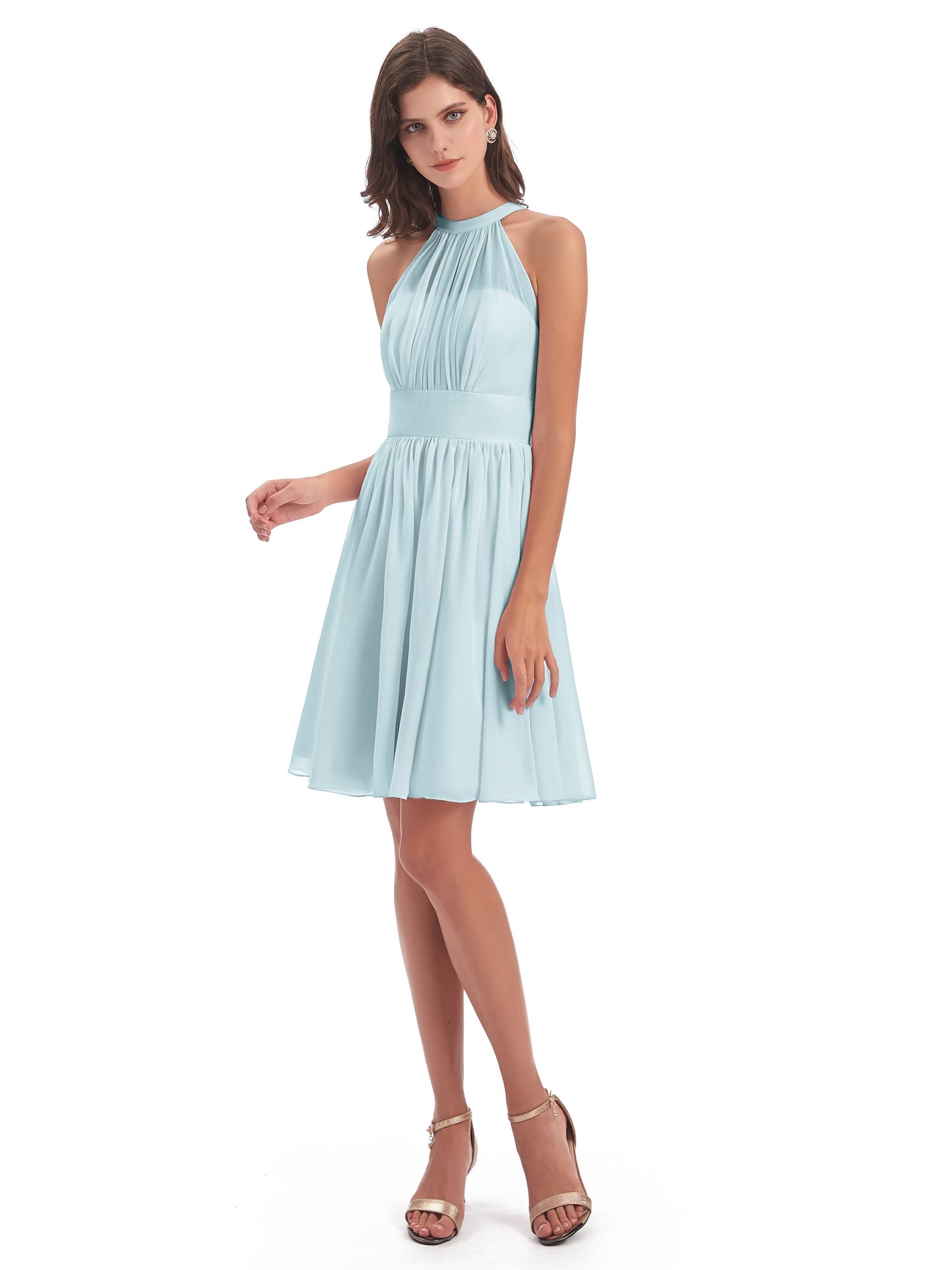 Tegan Knee Length Halter Chiffon Bridesmaid Dresses