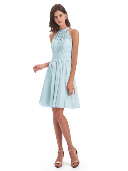 Tegan Knee Length Halter Chiffon Bridesmaid Dresses