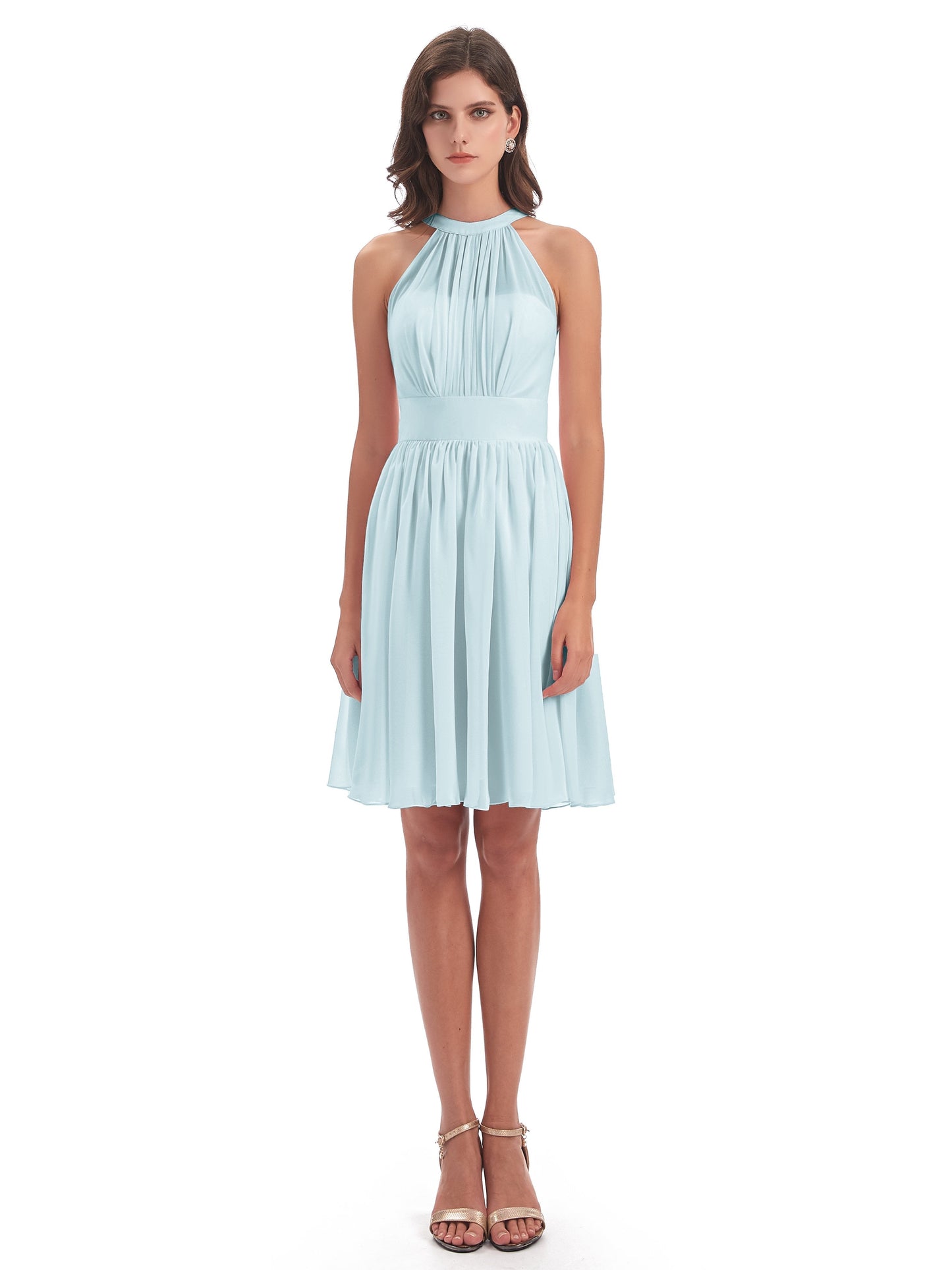 Tegan Knee Length Halter Chiffon Bridesmaid Dresses