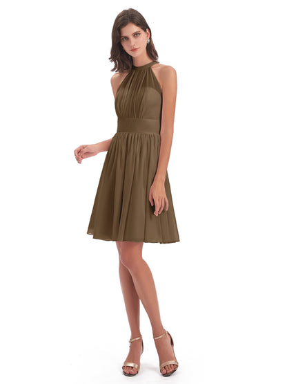 Tegan Knee Length Halter Chiffon Bridesmaid Dresses