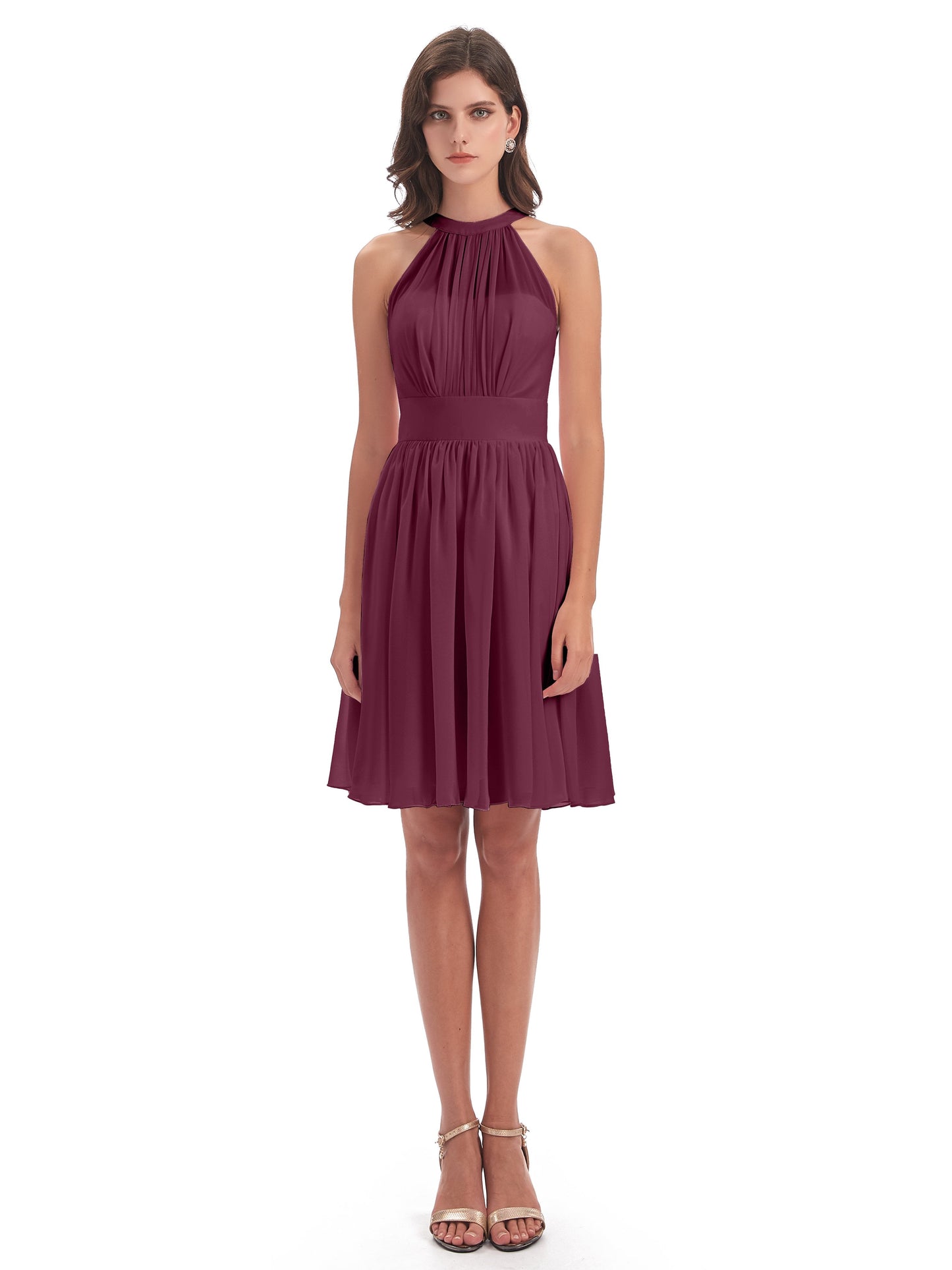 Tegan Knee Length Halter Chiffon Bridesmaid Dresses