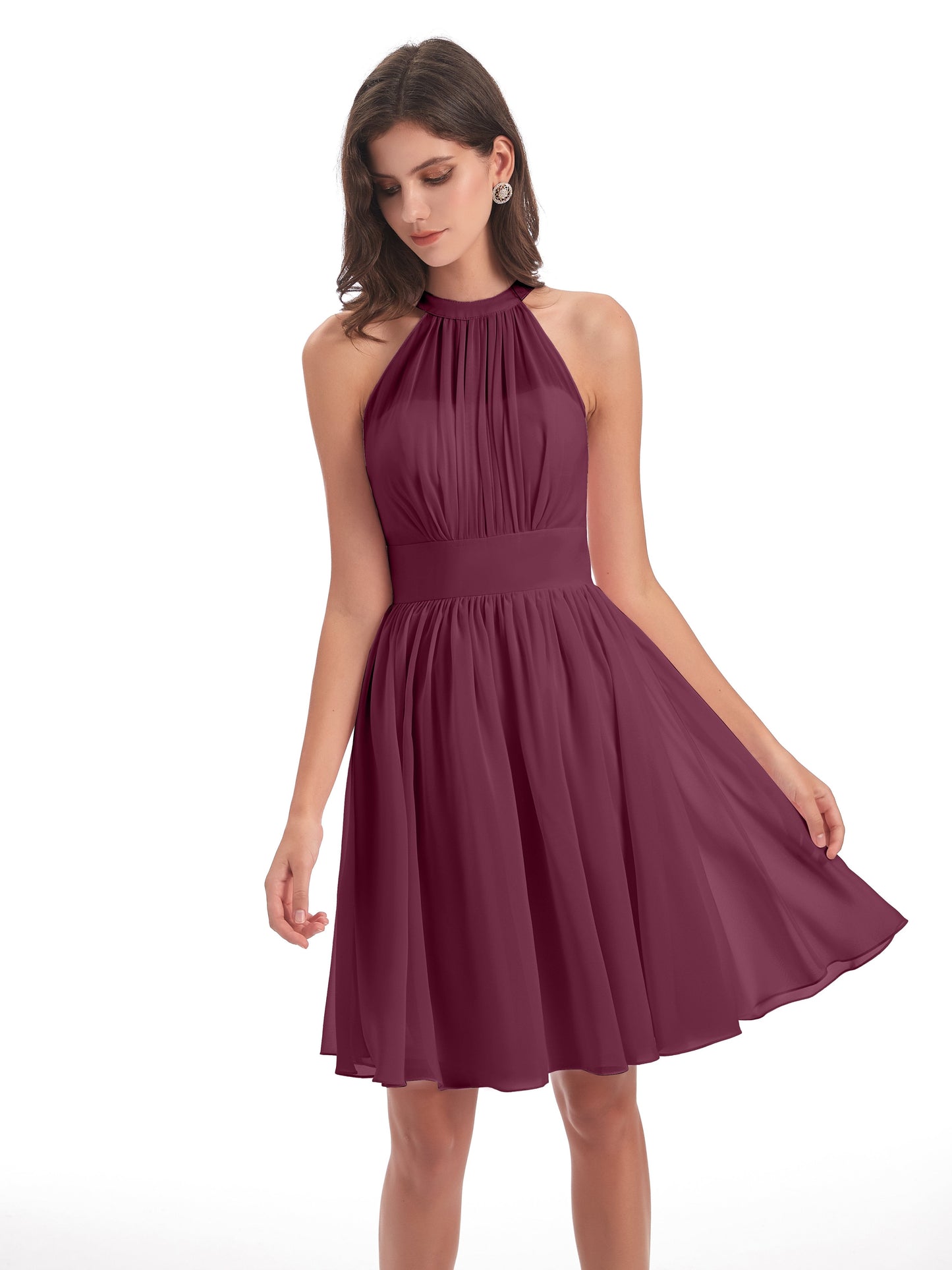 Tegan Knee Length Halter Chiffon Bridesmaid Dresses