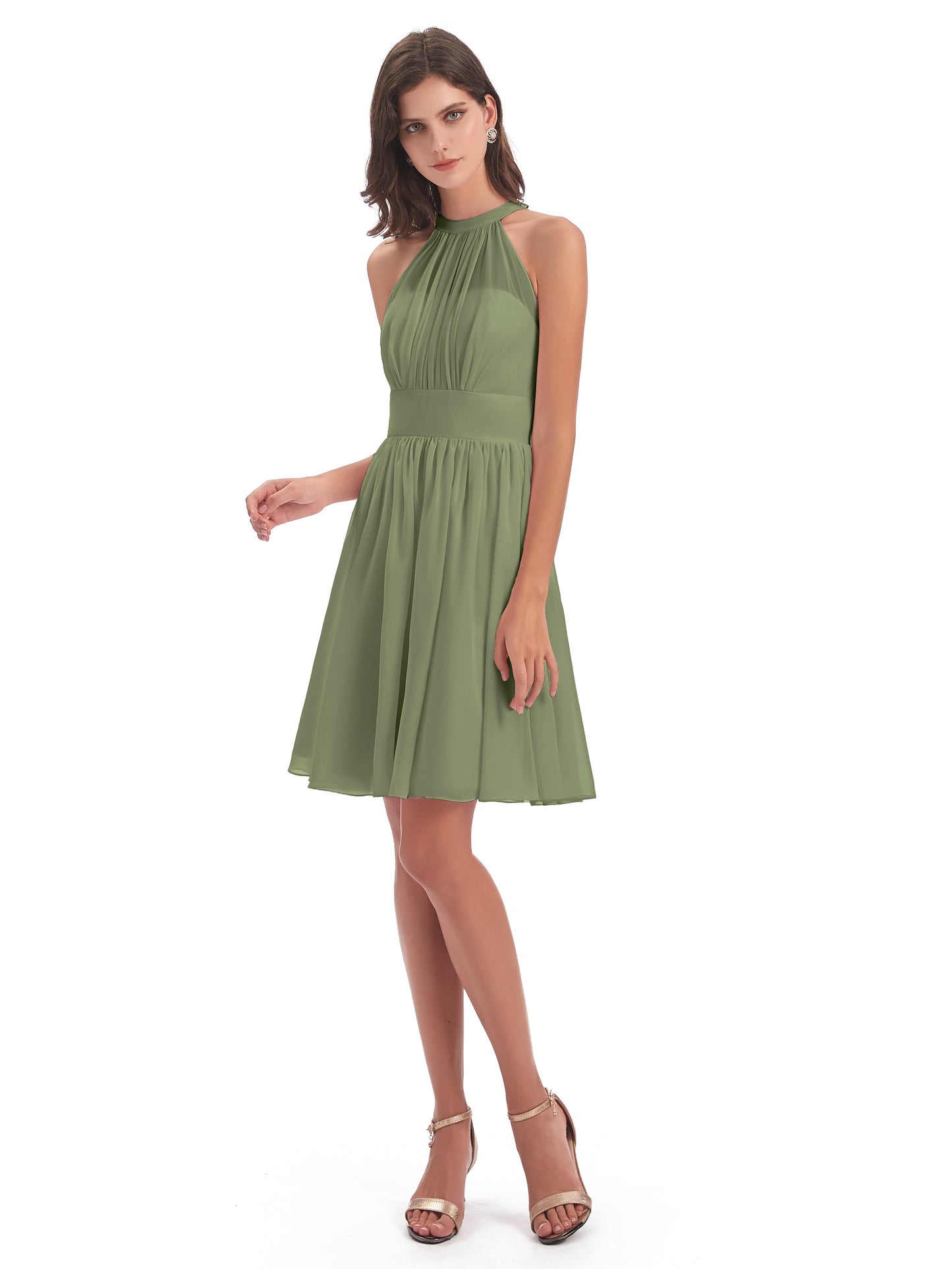 Tegan Knee Length Halter Chiffon Bridesmaid Dresses