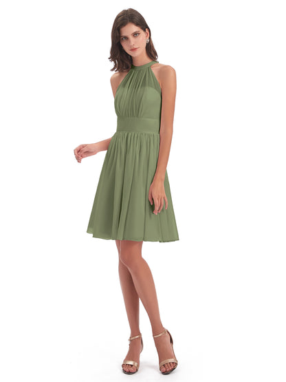 Tegan Knee Length Halter Chiffon Bridesmaid Dresses