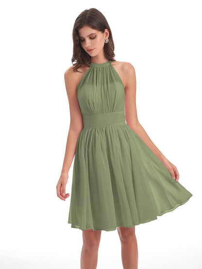 Tegan Knee Length Halter Chiffon Bridesmaid Dresses