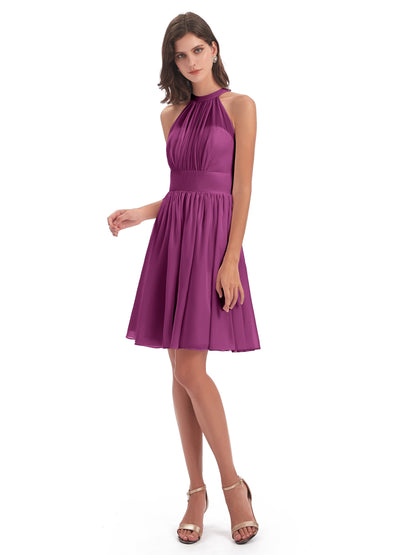 Tegan Knee Length Halter Chiffon Bridesmaid Dresses