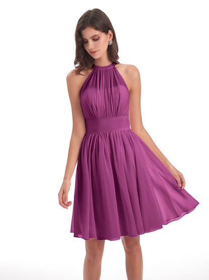 Tegan Knee Length Halter Chiffon Bridesmaid Dresses