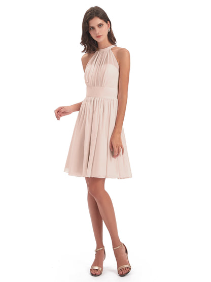 Tegan Knee Length Halter Chiffon Bridesmaid Dresses