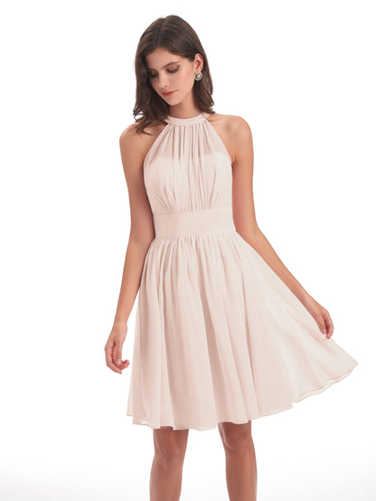 Tegan Knee Length Halter Chiffon Bridesmaid Dresses