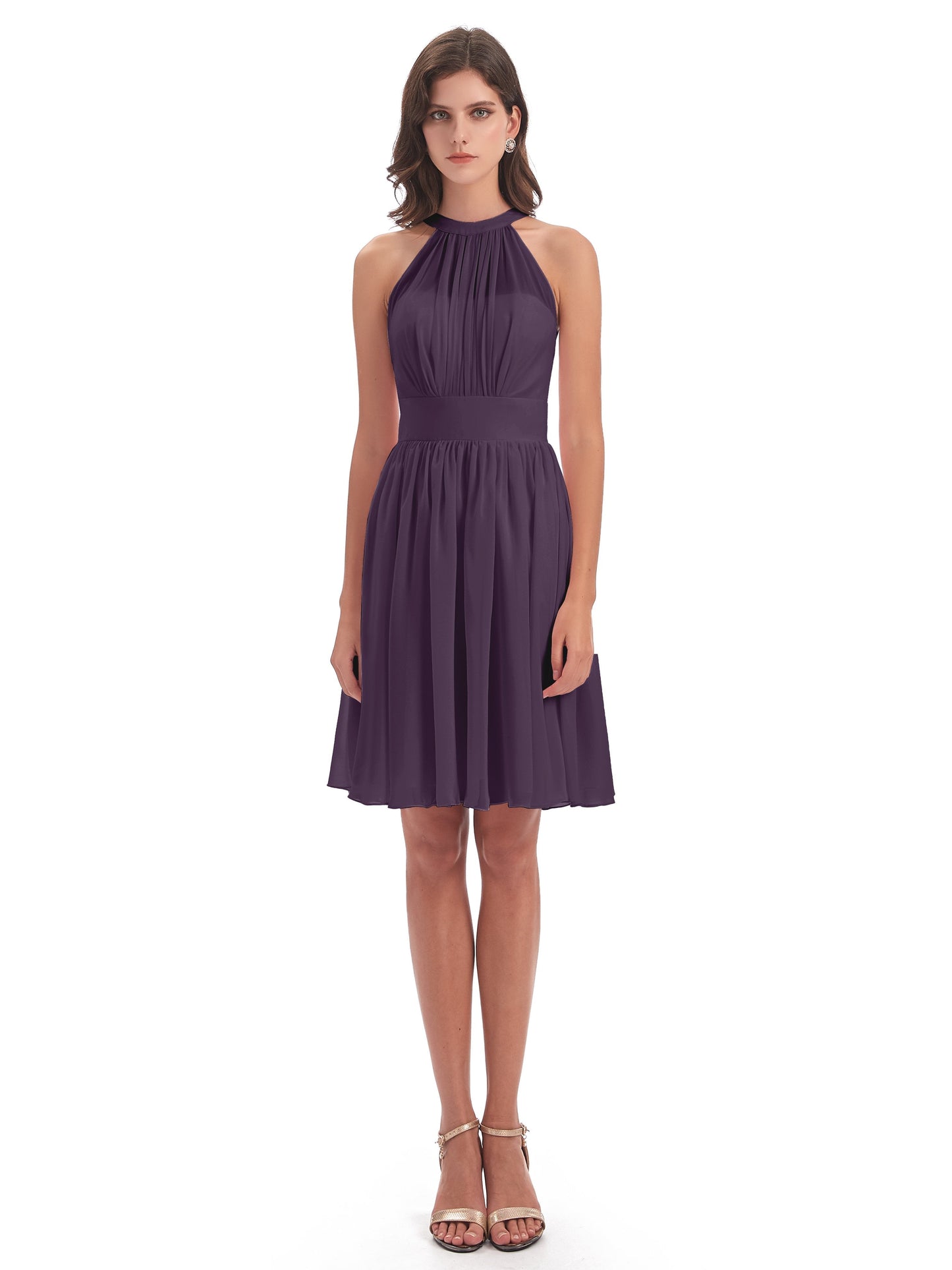 Tegan Knee Length Halter Chiffon Bridesmaid Dresses