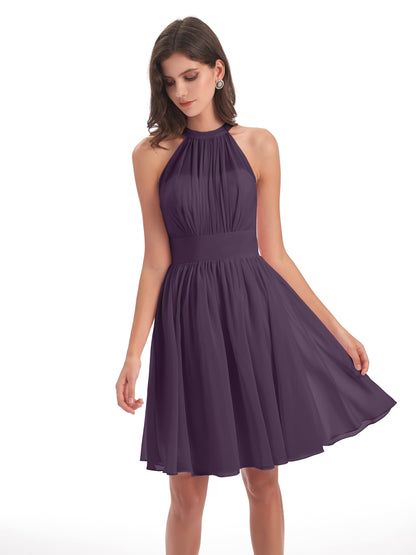 Tegan Knee Length Halter Chiffon Bridesmaid Dresses