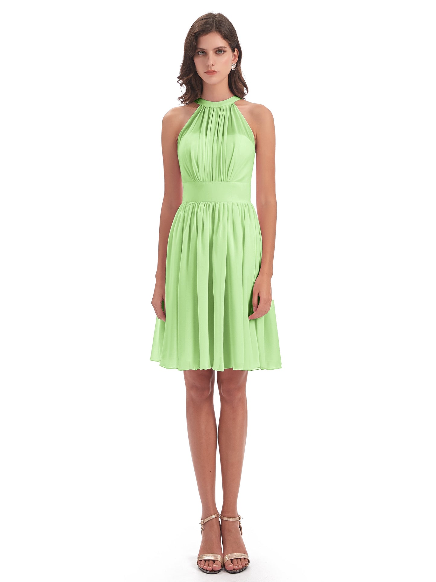 Tegan Knee Length Halter Chiffon Bridesmaid Dresses