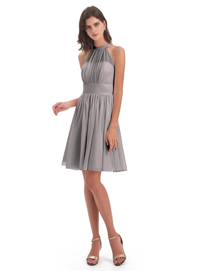 Tegan Knee Length Halter Chiffon Bridesmaid Dresses