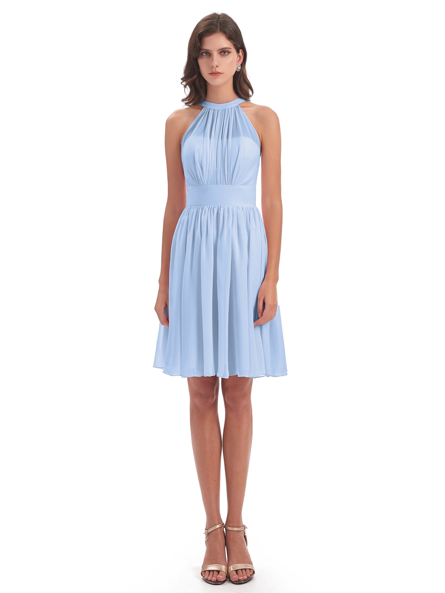 Tegan Knee Length Halter Chiffon Bridesmaid Dresses