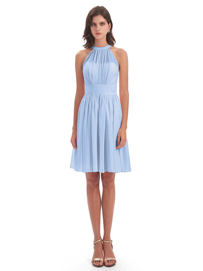 Tegan Knee Length Halter Chiffon Bridesmaid Dresses